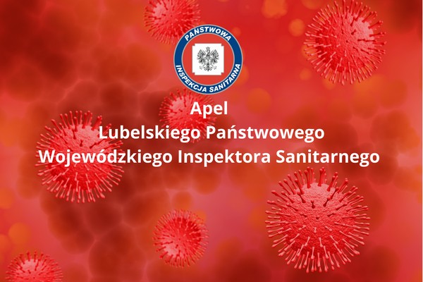 Obraz z logotypem Państwowej Inspekcji Sanitarnej na czerwonym tle z komórkami wirusa